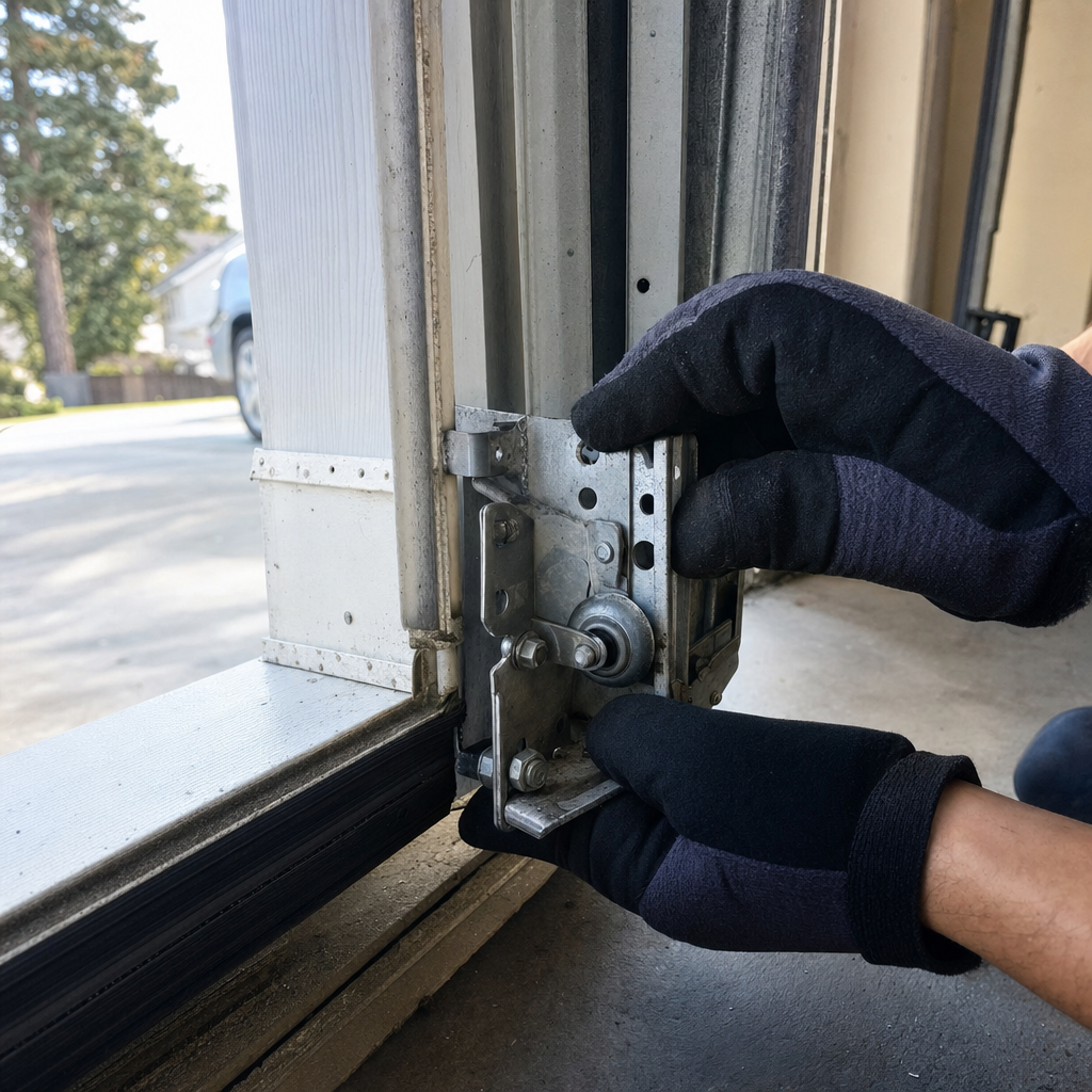 professional garage door technician performing emergency repair on roller bracket in Cheney, WA