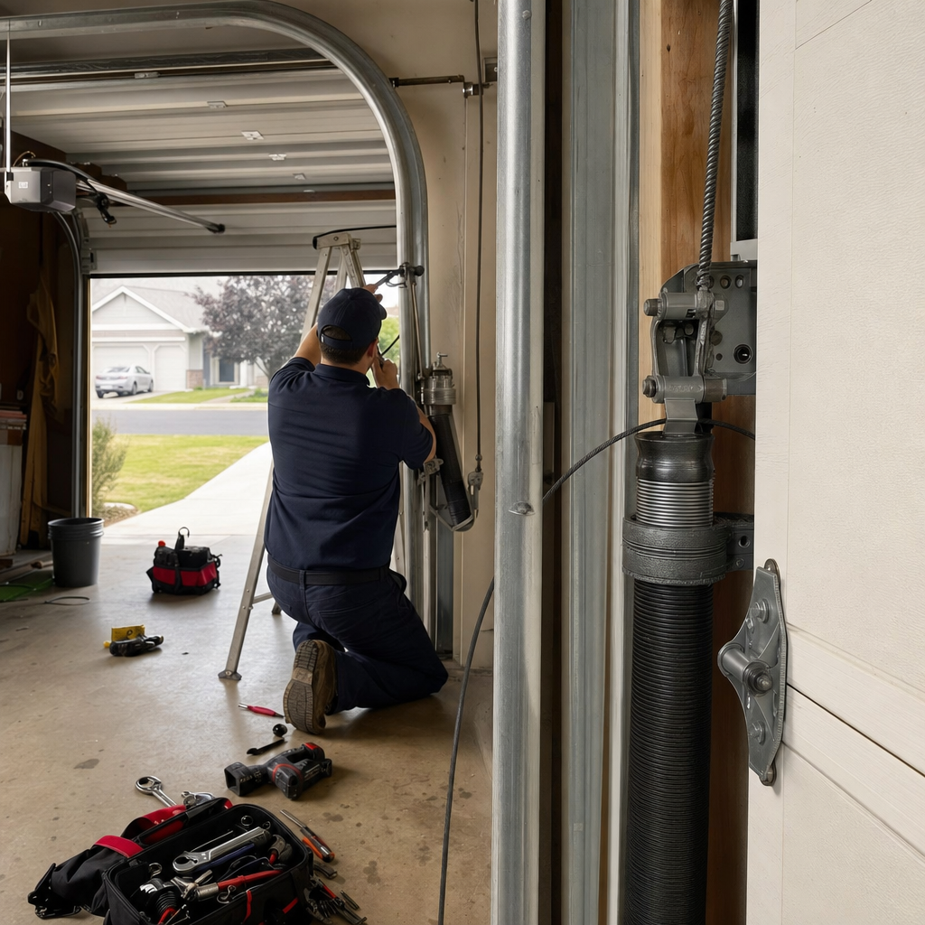 Technician performing professional emergency garage door spring repair. in Cheney, WA