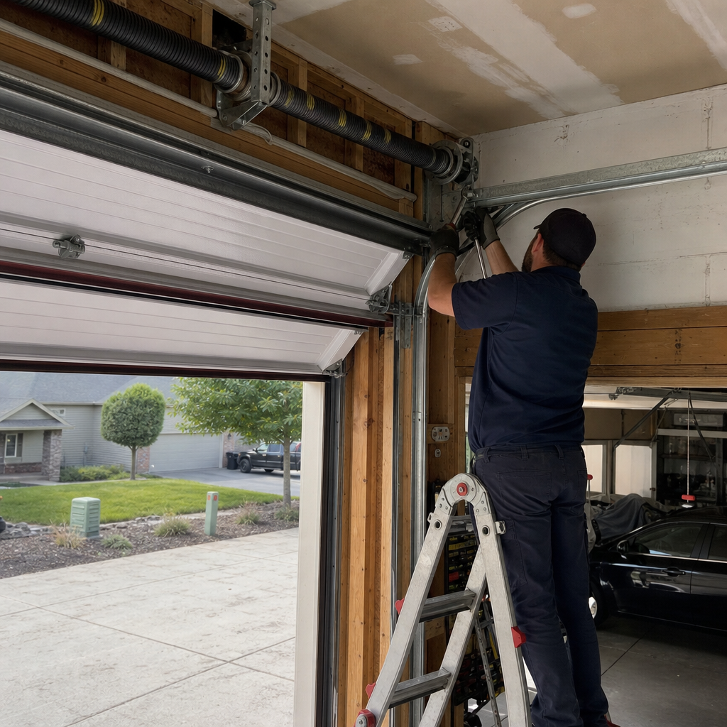 Technician performing professional emergency garage door spring repair on a ladder in Country Homes, WA
