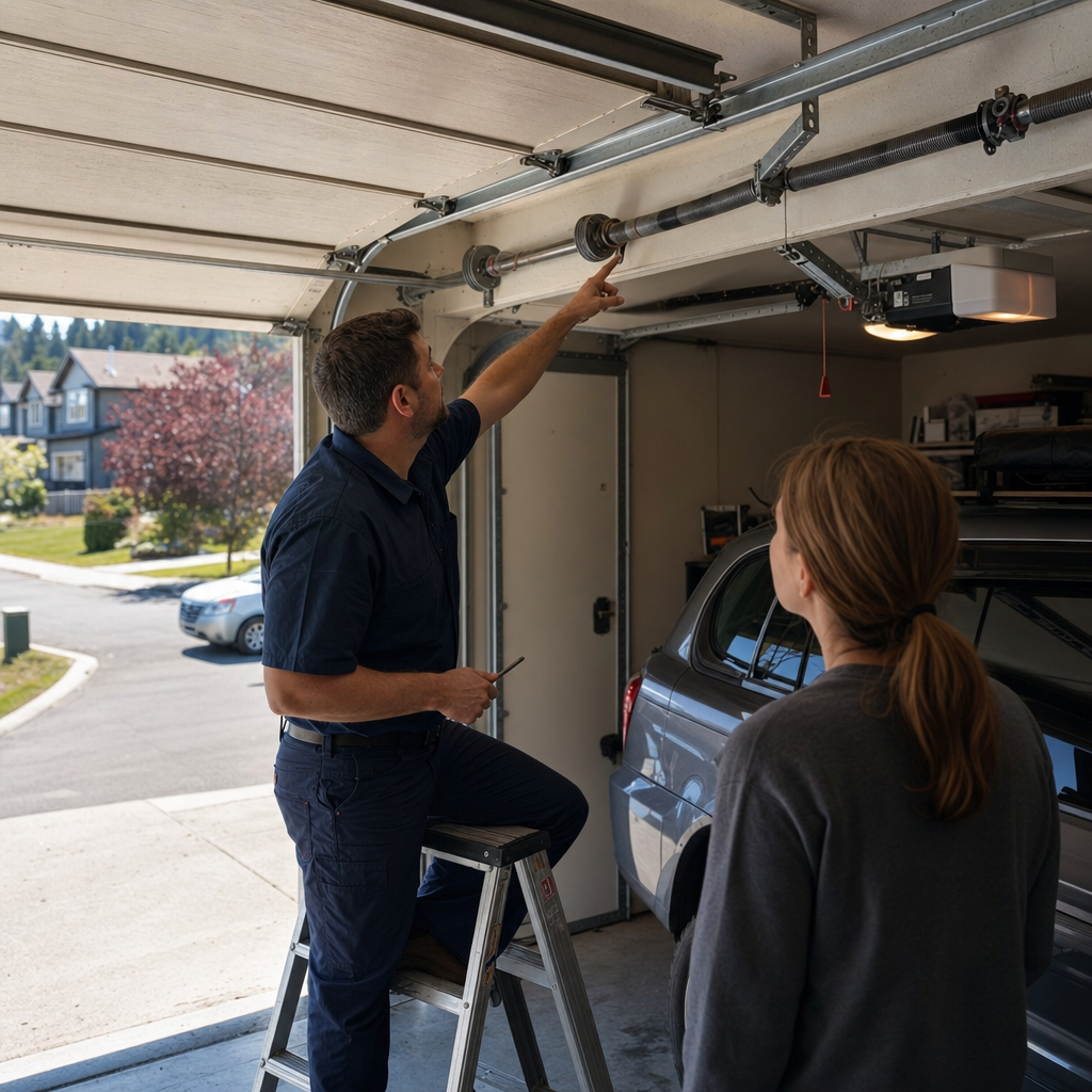 Technician explaining garage door torsion spring repair to a homeowner in Spokane, WA