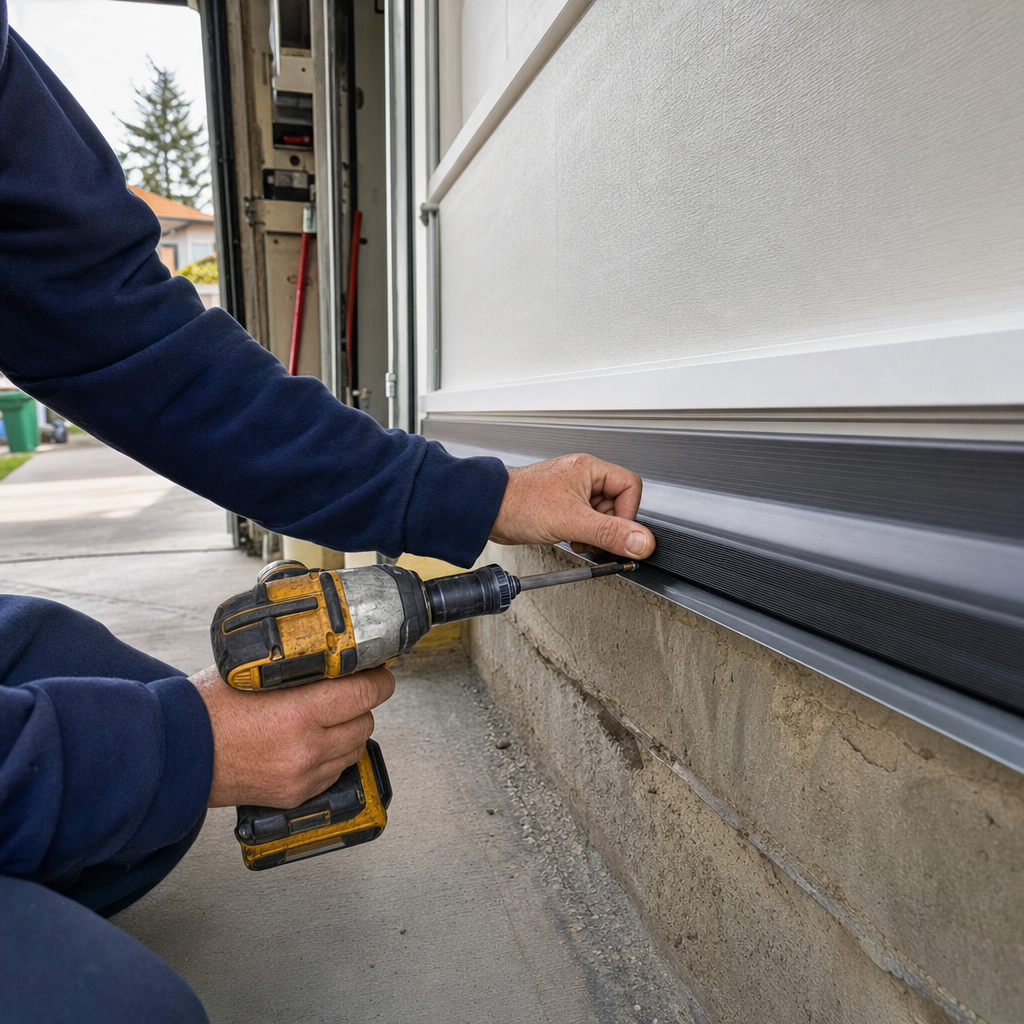 Technician using a power drill to install garage door bottom seal in Spokane, WA