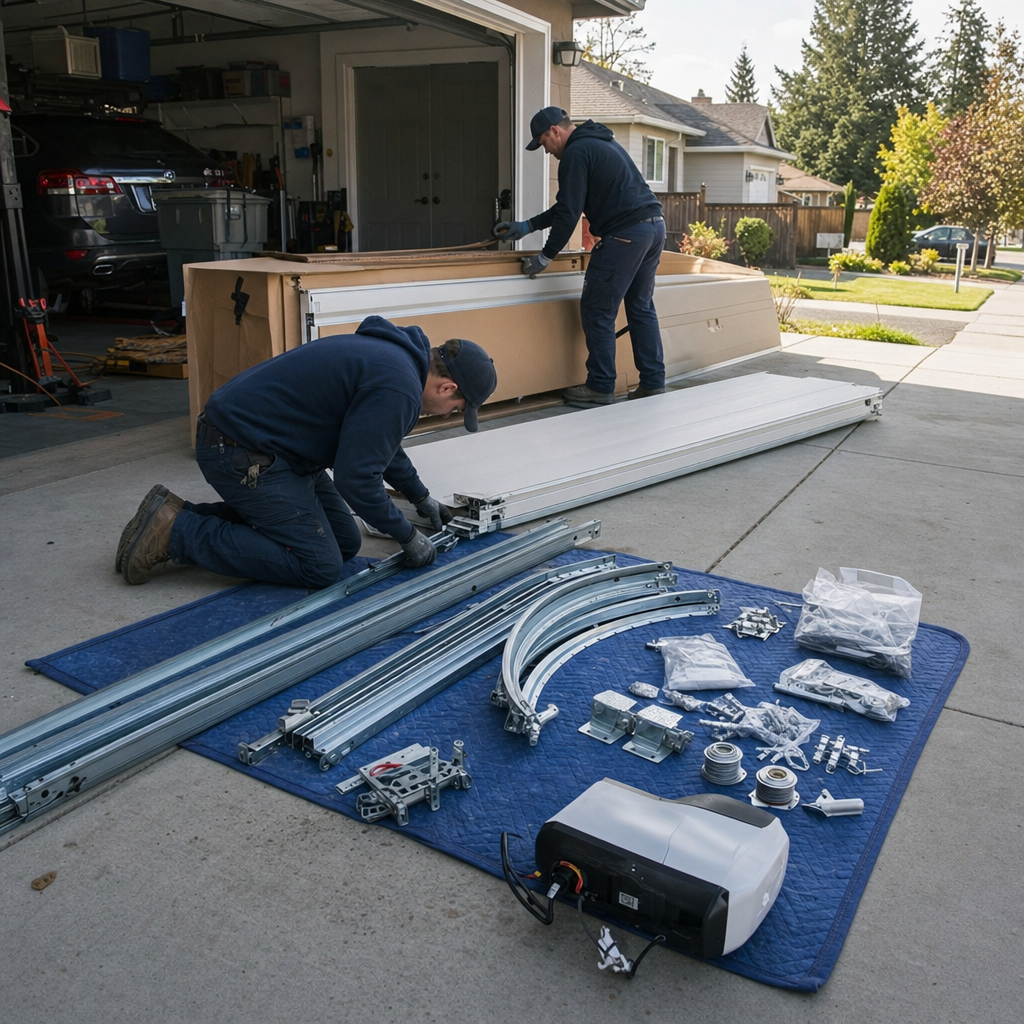 Two technicians assembling a new garage door on a driveway in Spokane Valley, WA