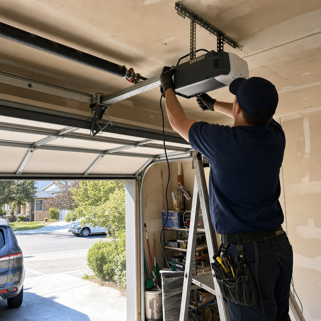 Technician installing a modern garage door opener mechanism in Spokane, WA
