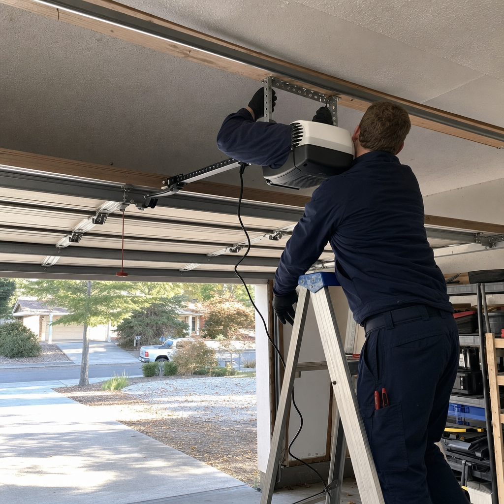 Technician performing garage door opener installation and maintenance in Cheney, WA