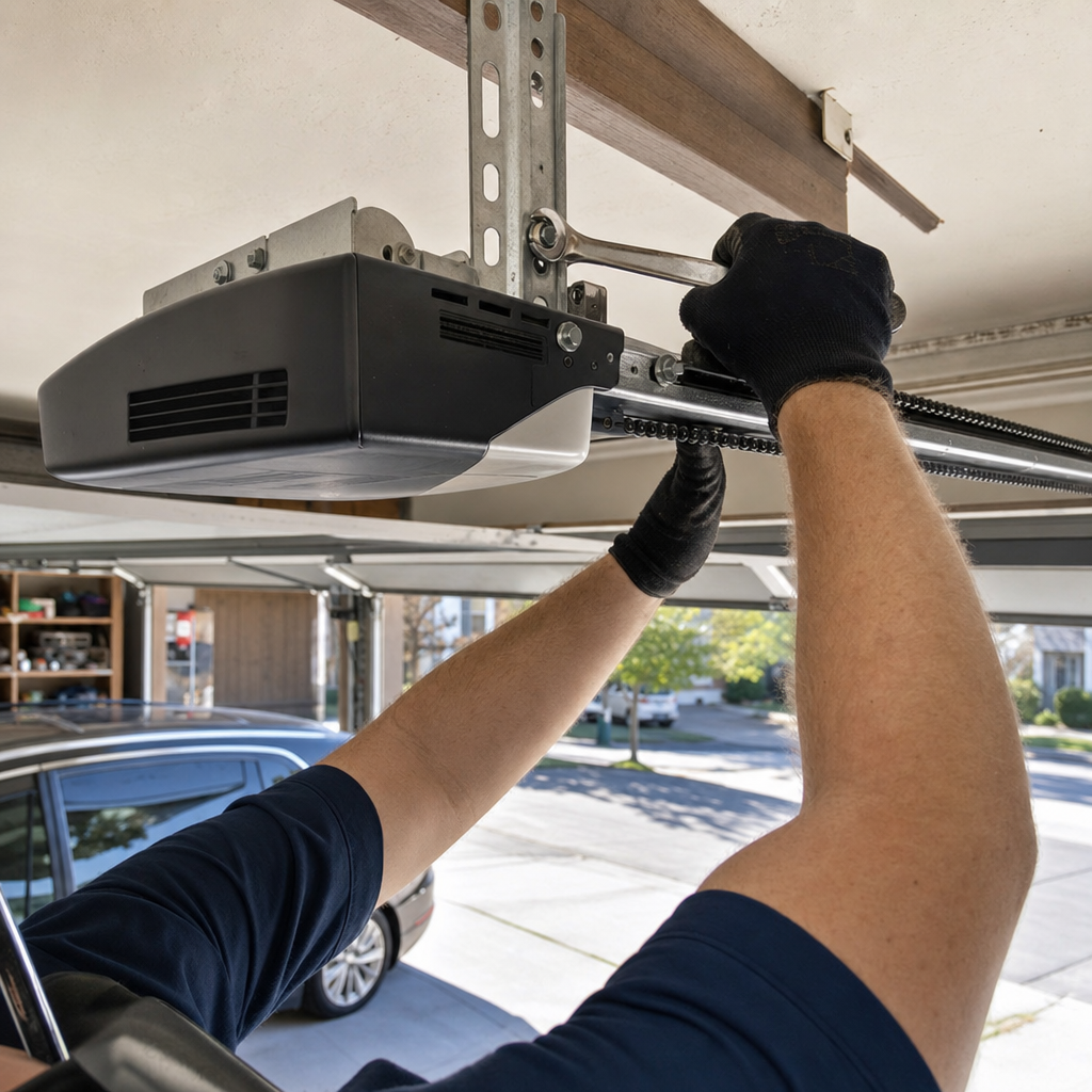 Technician using a wrench to repair a garage door opener in Airway Heights, WA