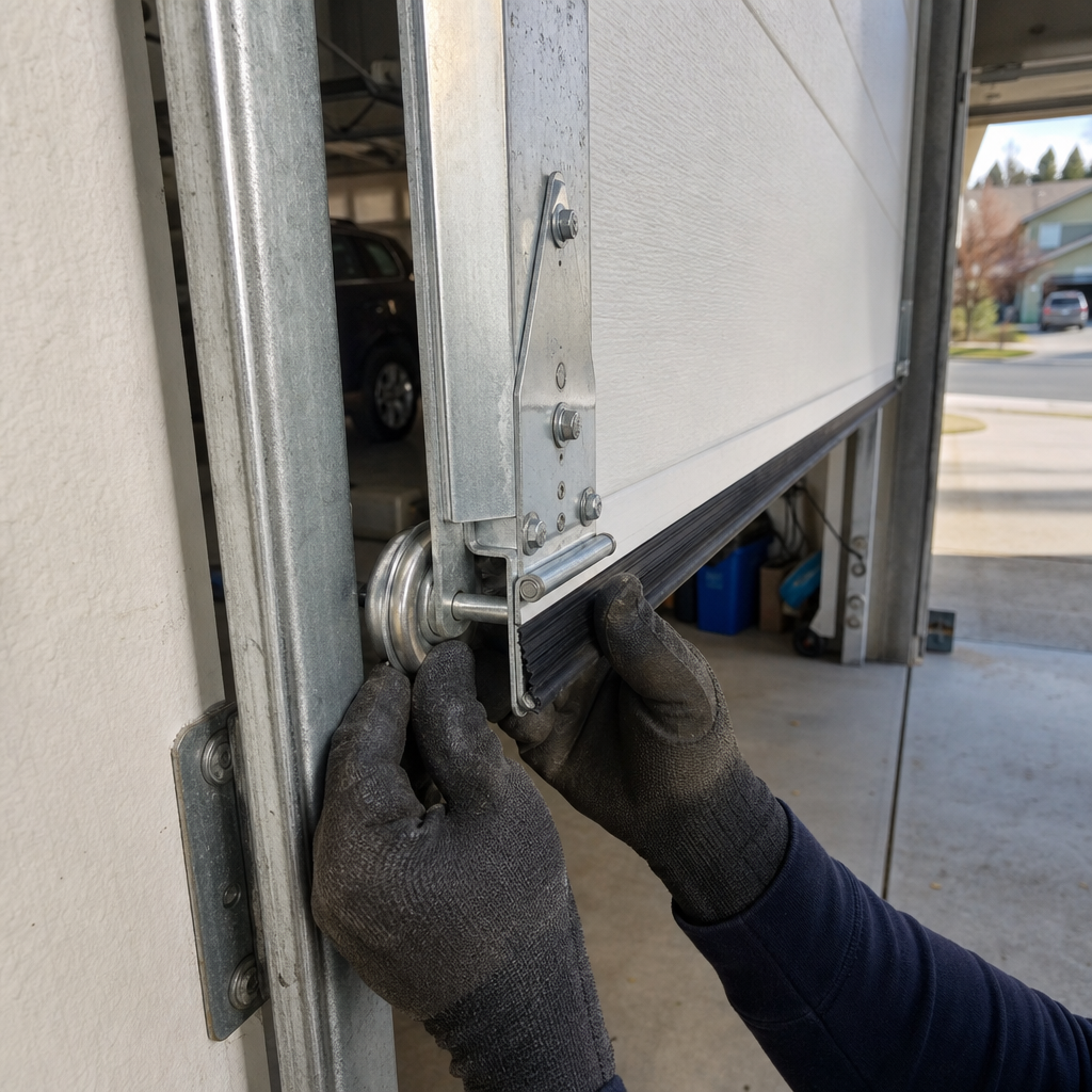 Technician performing maintenance on garage door roller and track hardware in Spokane, WA