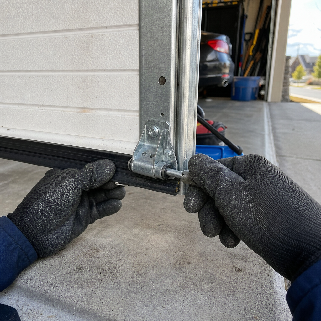 Technician replacing garage door bottom roller and hardware components in Cheney, WA