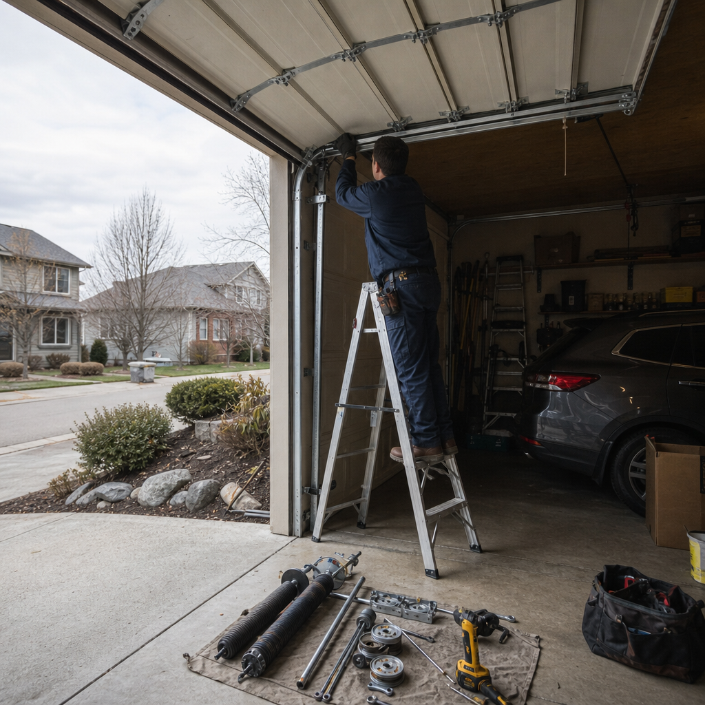 Technician installing garage door parts and hardware system in residential garage in Opportunity, WA