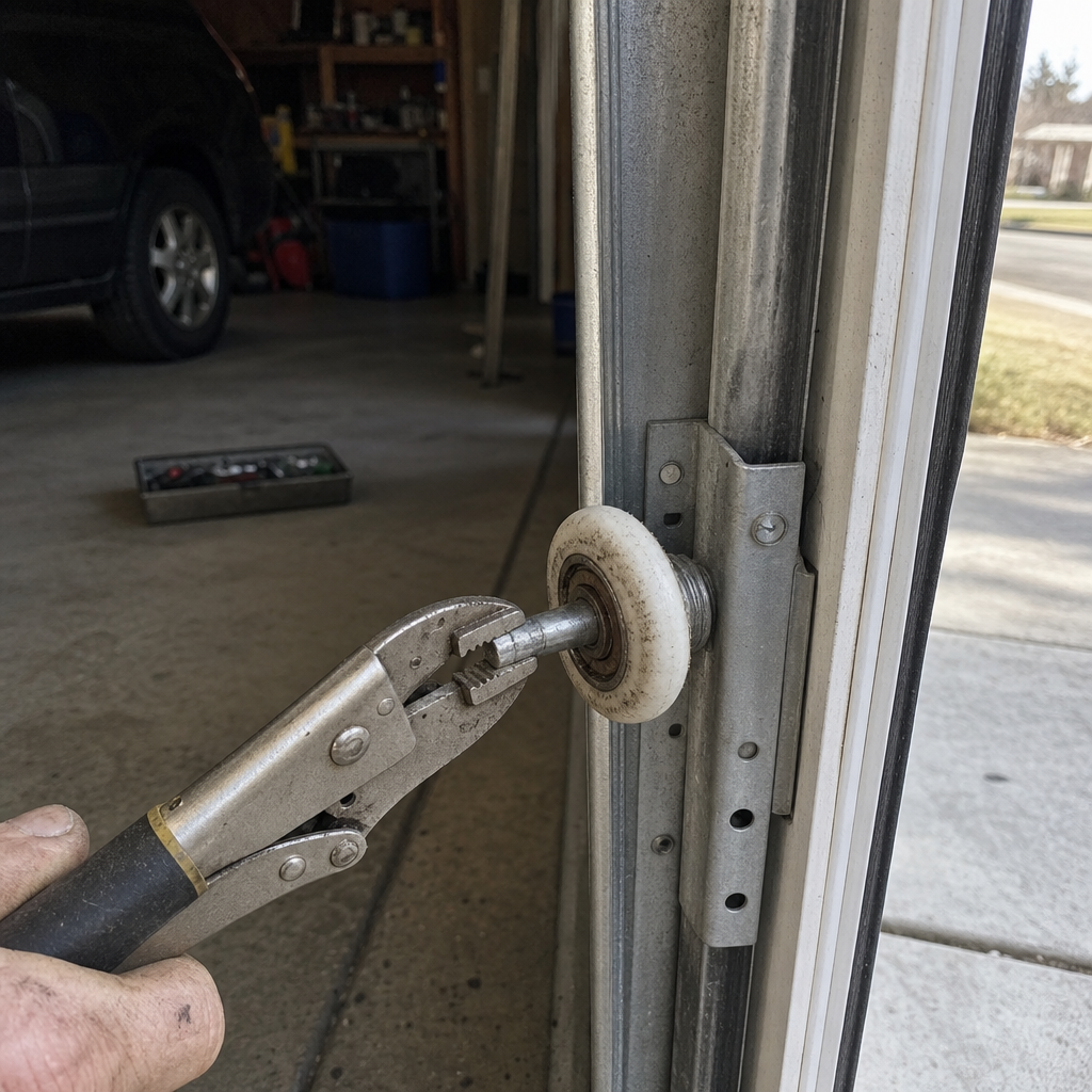 Technician performing garage door roller maintenance and repair in Fairwood, WA