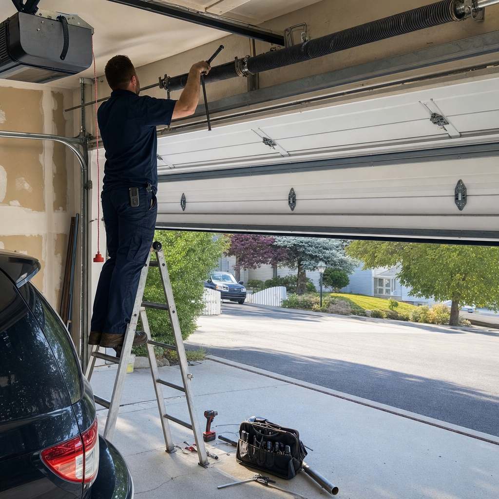 Professional technician repairing a residential garage door spring in Dishman, WA