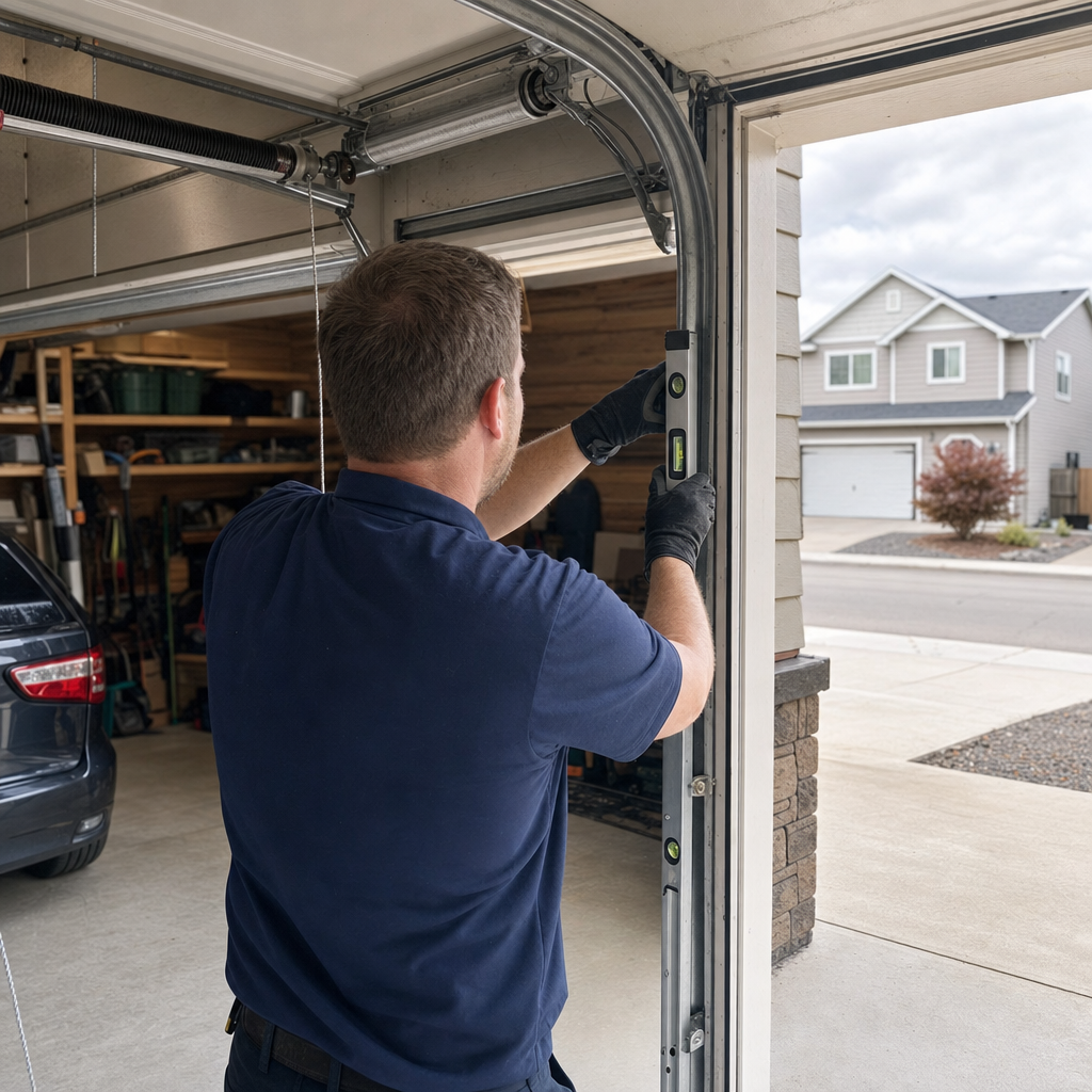Technician using a spirit level for garage door track installation in Spokane, WA