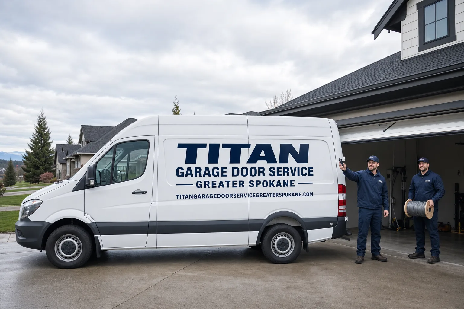 Titan Garage Door Service Greater Spokane service vehicle and crew in Spokane, WA